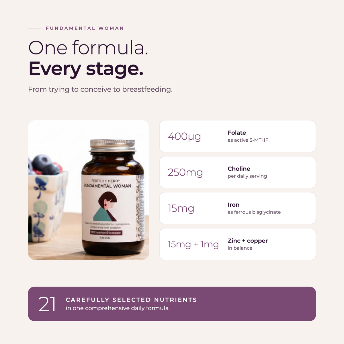 Fundamental Woman: one formula from trying to conceive through breastfeeding; 21 carefully selected nutrients including folate, choline, iron, zinc and copper.