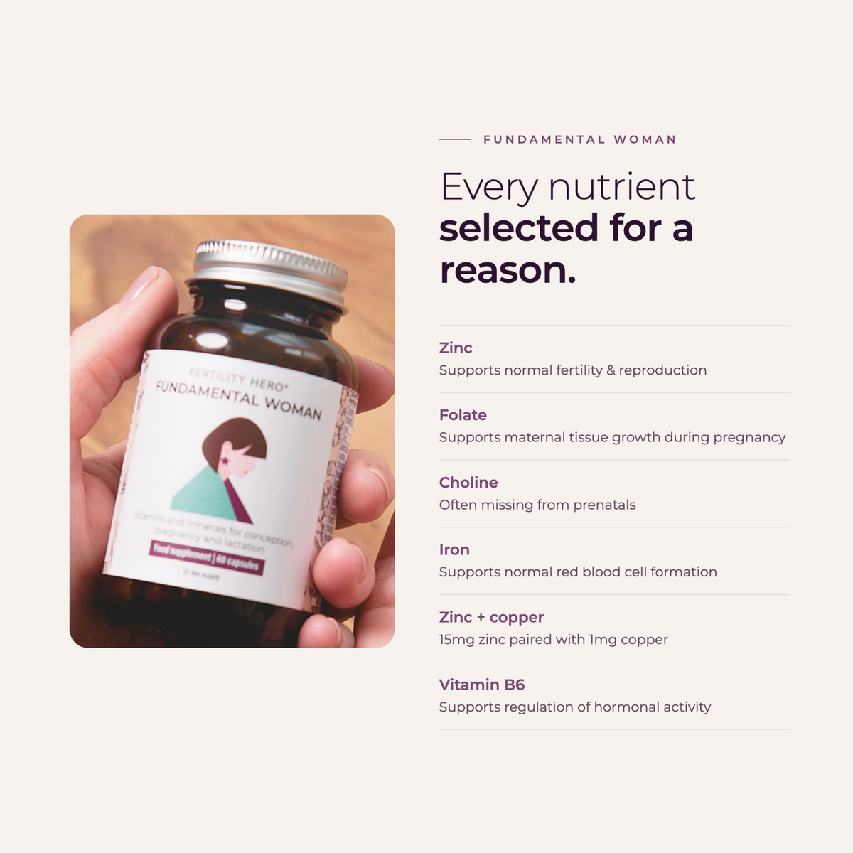 Fundamental Woman: nutrients selected for a reason, including zinc, folate, choline, iron, copper and vitamin B6.