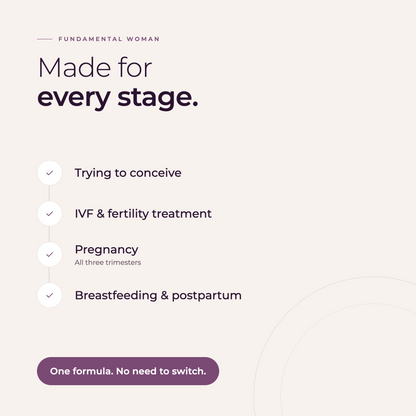 Fundamental Woman is made for trying to conceive, fertility treatment, all three trimesters of pregnancy, breastfeeding and postpartum.